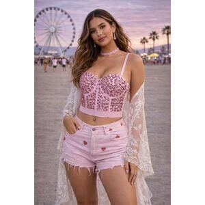 Y2K Pink Rhinestone Corset Bustier Top | Festival Coachella Clubwear S